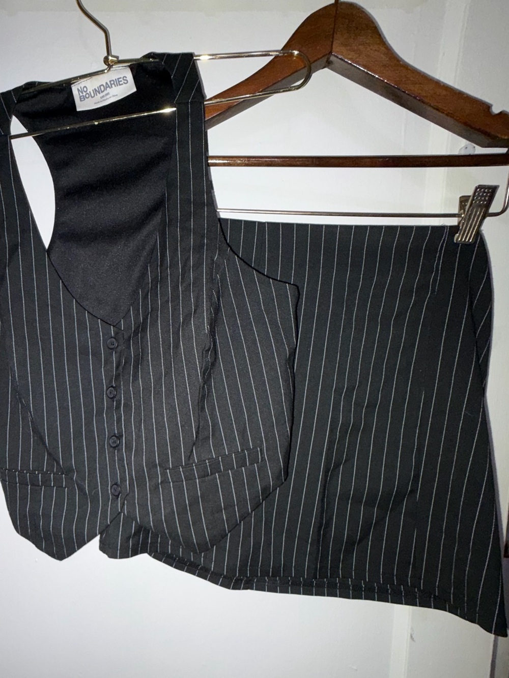 No Boundaries Black Pinstripe Mini Skirt with Matching Vest